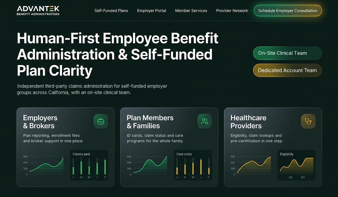 Concept homepage for Advantek Benefit Administrators with paths for employers and brokers, plan members and healthcare providers